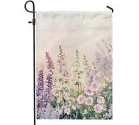 Drapeau de jardin floral printemps été, fleurs violettes avec feuilles vertes, décoration extérieure vibrante pour la maison et le jardin, bannière de cour double face, beau motif floral pour pelouse