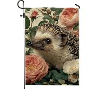 Drapeau de jardin floral printemps-été, hérisson, pêche, roses et feuilles vertes, bannière de décoration extérieure, drapeau double face en toile de jute, décoration de pelouse de vacances, 30,5 x