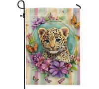 Drapeau de jardin floral printemps été, joli léopard fleurs et papillons, bannière de cour extérieure, décoration de pelouse en toile de jute double face, décoration d'intérieur 30,5 x 45,7 cm