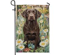 Drapeau de jardin floral printemps-été, labrador chocolat, fleurs, champignons, bannière de cour extérieure, double face, toile de jute, décoration saisonnière 30,5 x 45,7 cm