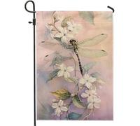Drapeau de jardin floral printemps été, libellule élégante et fleur de jasmin, décoration de pelouse extérieure double face, parfait pour les fêtes de jardin 30,5 x 45,7 cm
