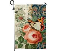 Drapeau de jardin floral printemps été, papillon orange et décoration d'intérieur, drapeau de cour double face en toile de jute pour décoration de pelouse extérieure, style vintage élégant 30,5 x 45,7
