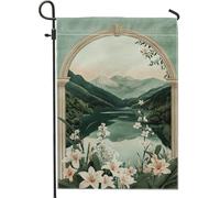 Drapeau de jardin floral printemps été, paysage de rivière de montagne verte, bannière de jardin, bannière de jardin, drapeau de cour double face en tissu pour décoration de pelouse extérieure, 30,5 x