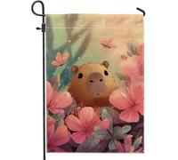 Drapeau de jardin floral printemps été, pêche, Capybara, fleurs, papillon, décoration extérieure, bannière double face en toile de jute 30,5 x 45,7 cm
