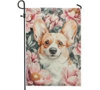 Drapeau de jardin floral printemps été pêche chien corgi pivoine décoration d'intérieur drapeaux de jardin, drapeau de cour double face en toile de jute décoration de pelouse fête extérieure 30,5 x