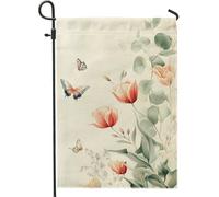 Drapeau de jardin floral printemps été, pêche et papillon bleu, décoration extérieure, drapeau de cour double face, décoration de pelouse, 30,5 x 45,7 cm