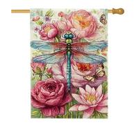 Drapeau de jardin floral printemps été, pêche, libellule, rose, papillon, bannière de décoration d'intérieur, drapeau double face en toile de jute, décoration extérieure 71 x 101 cm