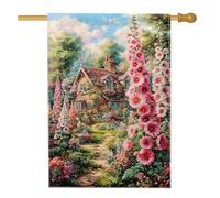 Drapeau de jardin floral printemps été, pêche, roses trémières, décoration d'intérieur, bannière de jardin, bannière double face en toile de jute, décoration de pelouse, 71,1 x 101,6 cm