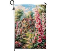 Drapeau de jardin floral printemps été, pêche, roses trémières, décoration d'intérieur, bannière de jardin, bannière double face en toile de jute, décoration de pelouse, 30,5 x 45,7 cm