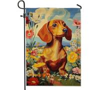 Drapeau de jardin floral printemps été, teckel coloré dans un champ de fleurs, bannière extérieure, drapeau de cour double face, décoration de la maison, 30,5 x 45,7 cm
