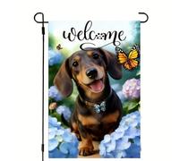 Drapeau de jardin floral printemps été teckel hortensia 30,5 x 45,7 cm double face, petites fleurs de ferme, chiens, bienvenue, drapeaux de jardin, décoration d'été, cour, pelouse, porche, drapeaux