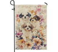 Drapeau de jardin floral printemps été, trio de chiots mignons et fleurs colorées, décoration extérieure, drapeau double face en toile de jute pour décoration de maison et de jardin, 30,5 x 45,7 cm