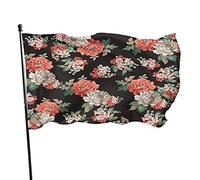 Drapeau de jardin floral rouge sur noir 0,9 x 1,5 m Vintage Blossom Rose Bouquet de fleurs Branche Feuille Nature Polyester Yard Drapeaux Maison Patio Pelouse Intérieur Extérieur Bannière de voeux