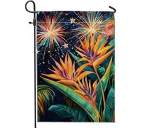 Drapeau de jardin floral tropical, oiseau de paradis orange, bannière de décoration d'intérieur, décoration de pelouse extérieure double face pour vacances d'été, fête 30,5 x 45,7 cm