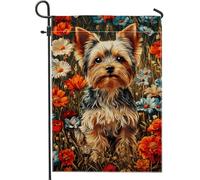 Drapeau de jardin floral vibrant avec Yorkshire Terrier, bannière colorée de décoration printanière, décoration de pelouse extérieure double face, cadeau pour amoureux des animaux, 30,5 x 45,7 cm