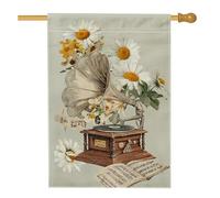 Drapeau de jardin floral vintage, fleurs de chrysanthème beige, gramophone pour décoration extérieure, drapeau de cour double face en toile de jute pour décoration de pelouse printemps été 71,1 x