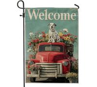 Drapeau de jardin floral Welcome Spring - Camion vintage rouge avec bannière de jardin dalmatien - Décoration extérieure double face pour la maison et la pelouse - 30,5 x 45,7 cm