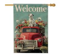 Drapeau de jardin floral « Welcome Spring », camion vintage rouge avec bannière de jardin dalmatien, décoration extérieure double face pour la maison, la pelouse, 71 x 101,6 cm