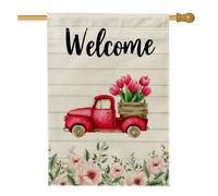 Drapeau de jardin floral « Welcome Spring » - Camion vintage rouge avec tulipes - Bannière de décoration d'intérieur - Drapeau double face en toile de jute pour décoration de pelouse extérieure - 71,1