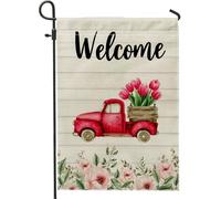 Drapeau de jardin floral « Welcome Spring » - Camion vintage rouge avec tulipes - Bannière de décoration d'intérieur - Drapeau double face en toile de jute pour décoration de pelouse extérieure - 30,5