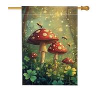 Drapeau de jardin forestier printanier et été, champignon rouge, trèfle d'abeille, bannière double face en toile de jute, décoration de pelouse saisonnière de vacances, décoration de fête, 71 x 101,6