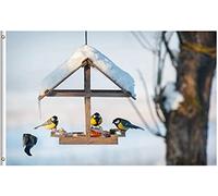 Drapeau De Jardin Four Birds In Winter Bird Feeder Nature Wildlife Animal Seasonal Snowy Landscape Garden Flag Premium Drapeaus Décoratif Couleur Vive Drapeau De Bienvenue Pour Cour 152X90CM