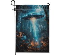 Drapeau de jardin futuriste OVNI bleu lumineux vaisseau spatial extraterrestre bannière de décoration extérieure, drapeau de pelouse double face pour toute l'année, décoration de la maison, 30,5 x