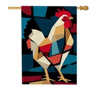 Drapeau de jardin géométrique coloré en forme de coq, décoration de cour rouge et bleu vif pour le printemps et l'été, style art moderne, décoration de pelouse extérieure, double face, 71 x 101 cm