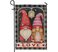 Drapeau de jardin gnomes - Lanterne à cœurs fantaisistes - Rouge - Double face - Petit drapeau de jardin pour extérieur, terrasse, pelouse, porche, balcon - 30,5 x 45,7 cm