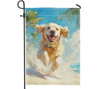 Drapeau de jardin Golden Retriever joyeux pour l'été, bannière décorative sur le thème du chien heureux, drapeau de jardin double face en toile de jute, décoration extérieure pour pelouse 30 x 45 cm