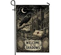 Drapeau de jardin gothique avec citation corbeau cimetière Halloween 30,5 x | Scène de cimetière gothique, drapeau de pelouse, croissant de lune, architecture de cathédrale, invitation effrayante