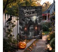 Drapeau de jardin gothique avec citation d'Halloween 30,5 x 45,7 cm | Architecture de château gothique, drapeau de cour, art fantastique foncé, roses rouges, clair de lune mystérieux