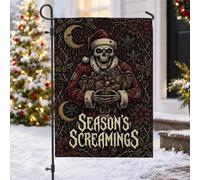Drapeau de jardin gothique avec citation du Père Noël Crâne de saison 30,5 | Thème gothique du Père Noël, drapeau de pelouse, accents de poinsettia, décoration de vacances macabre