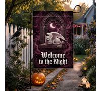Drapeau de jardin gothique avec citation fantaisie chat ailé Halloween 30,5 | Architecture gothique, drapeau de cour, croissant de lune, atmosphère mystique, art fantastique, panneau de cour extérieur
