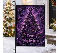 Drapeau de jardin gothique avec citation Merry And Mysterious Christmas | Esthétique gothique, drapeau de cour, décoration de cour saisonnière, accents de chauve-souris mystique