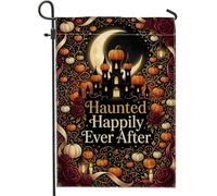 Drapeau de jardin gothique avec citrouilles château hanté Halloween 30,5 x | Illustration de château gothique, drapeau de pelouse, accents floraux sombres, thème de récolte de citrouilles