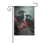 Drapeau de jardin gothique avec deux corbeaux - Fleurs rouges - 30 x 45 cm - Double face - Décoration extérieure - Pour ferme et vacances