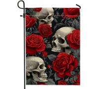 Drapeau de jardin gothique avec motif tête de mort, roses rouges et fond noir, bannière de décoration d'intérieur, drapeau double face en toile de jute pour décoration extérieure d'Halloween, 30,5 x