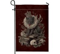 Drapeau de jardin gothique chat couronné avec tête de mort et livre, bannière double face en toile de jute pour décoration extérieure d'Halloween, 30,5 x 45,7 cm