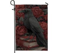 Drapeau de jardin gothique corbeau, bannière florale d'oiseau noir, bannière de décoration d'intérieur, drapeau double face en toile de jute pour automne, Halloween, décoration extérieure 30,5 x 45,7