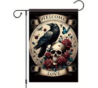 Drapeau de jardin gothique corbeau crâne drapeau bienvenue amour rose cour bannière double face extérieur maison romantique Ma