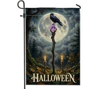 Drapeau de jardin gothique corbeau en cristal pour Halloween 30,5 x 45,7 cm | Paysage de pleine lune, drapeau de pelouse, bâton fantaisie gothique, cristal violet brillant, fond de forêt enchantée