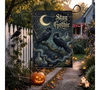 Drapeau de jardin gothique corbeau lune corbeaux Halloween 30,5 x 45,7 cm | Motif croissant de lune, drapeau de pelouse, bouteilles de potion d'apothicaire, style gothique savant