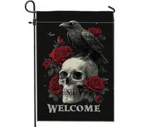 Drapeau de jardin gothique de bienvenue, et roses rouges, décoration extérieure, bannière double face en toile de jute pour décoration de fête d'Halloween, 30,5 x 45,7 cm