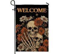 Drapeau de jardin gothique en forme de tête de mort, bannière de bienvenue florale noire, drapeau de cour double face pour décoration extérieure d'Halloween 30,5 x 45,7 cm