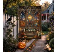 Drapeau de jardin gothique en vitrail en forme de croix Halloween 30,5 x | Style architecture gothique, drapeau de pelouse, récolte saisonnière d'automne, motif d'inspiration religieuse