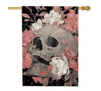 Drapeau de jardin gothique floral tête de mort, bannière de décoration d'intérieur noire et de pêche, drapeau double face en toile de jute pour décoration extérieure d'Halloween, 71 x 101,6 cm