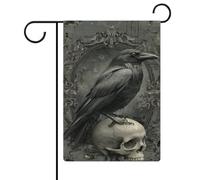 Drapeau de jardin gothique foncé corbeau sur un crâne humain en toile de jute double face 30,5 x 45,7 cm
