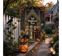 Drapeau de jardin gothique Halloween cathédrale 30,5 x 45,7 cm | Architecture gothique, drapeau de cour, feuilles d'automne, figurines effrayantes, décoration de cour saisonnière