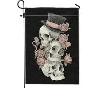 Drapeau de jardin gothique noir tête de mort, décoration florale élégante avec roses, bannière double face en toile de jute pour décoration de pelouse d'Halloween 30,5 x 45,7 cm